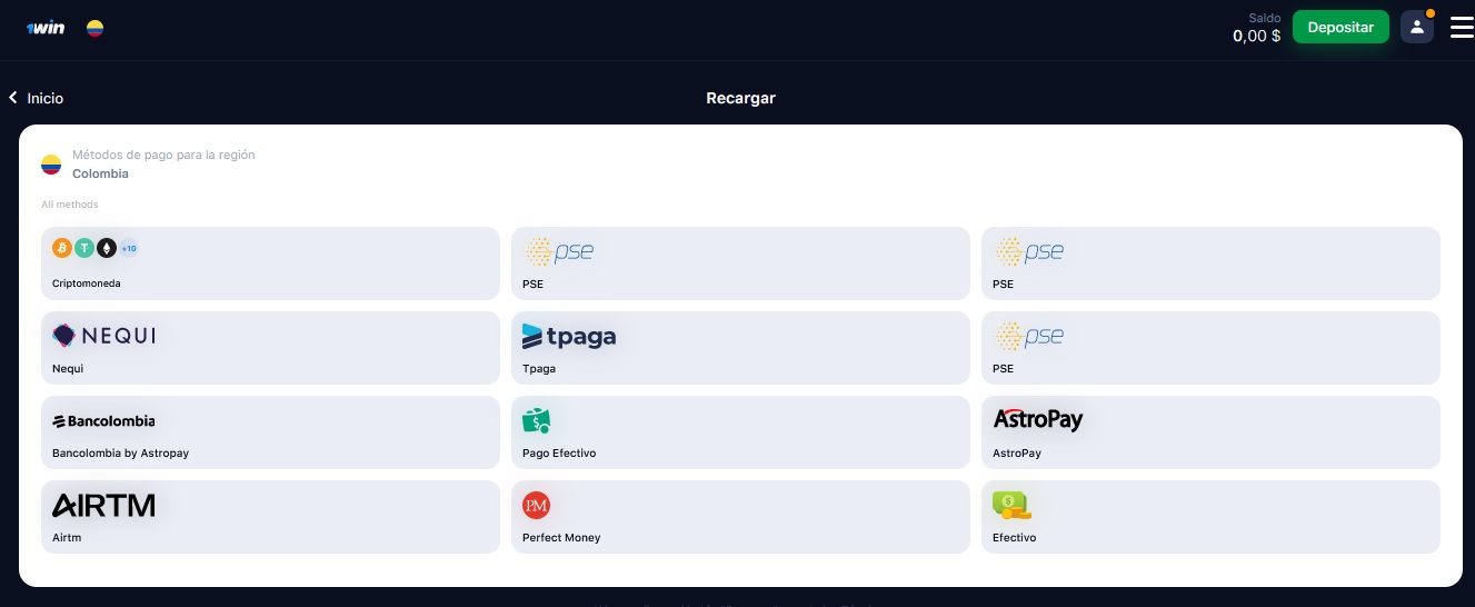 Métodos de Depósito y Retiro en 1win Casino