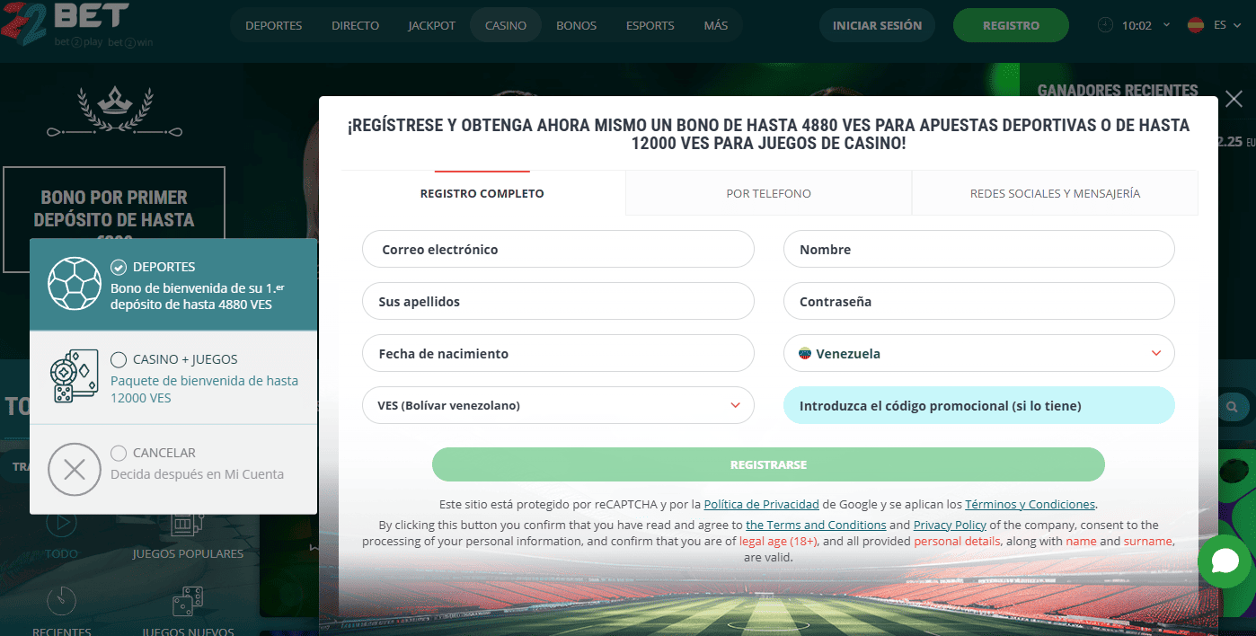 inscripción en 22Bet