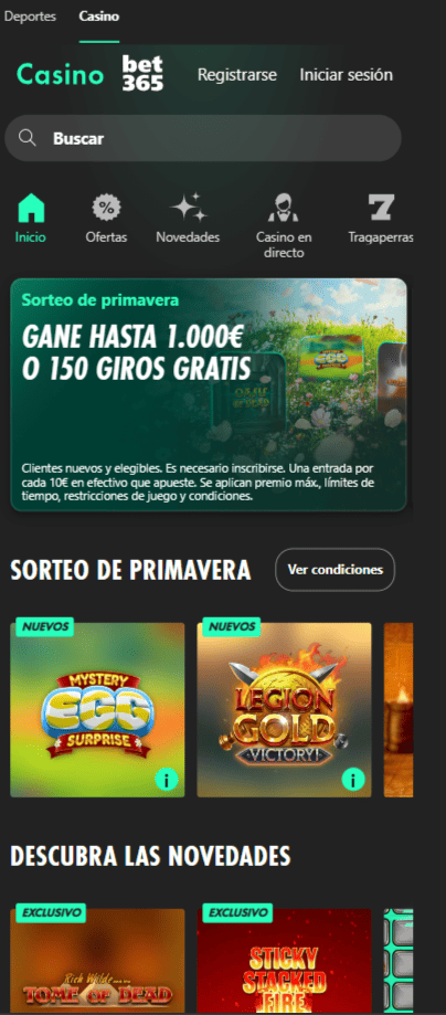 App móvil y la versión web del casino Bet365