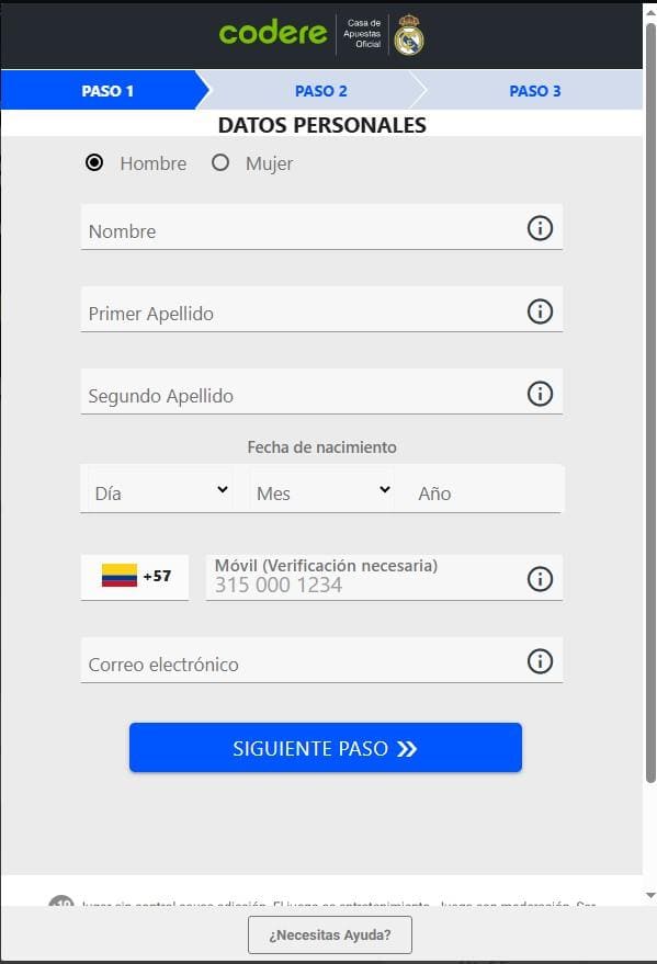 Instrucciones detalladas para inscribirse en el sitio web de Codere Colombia