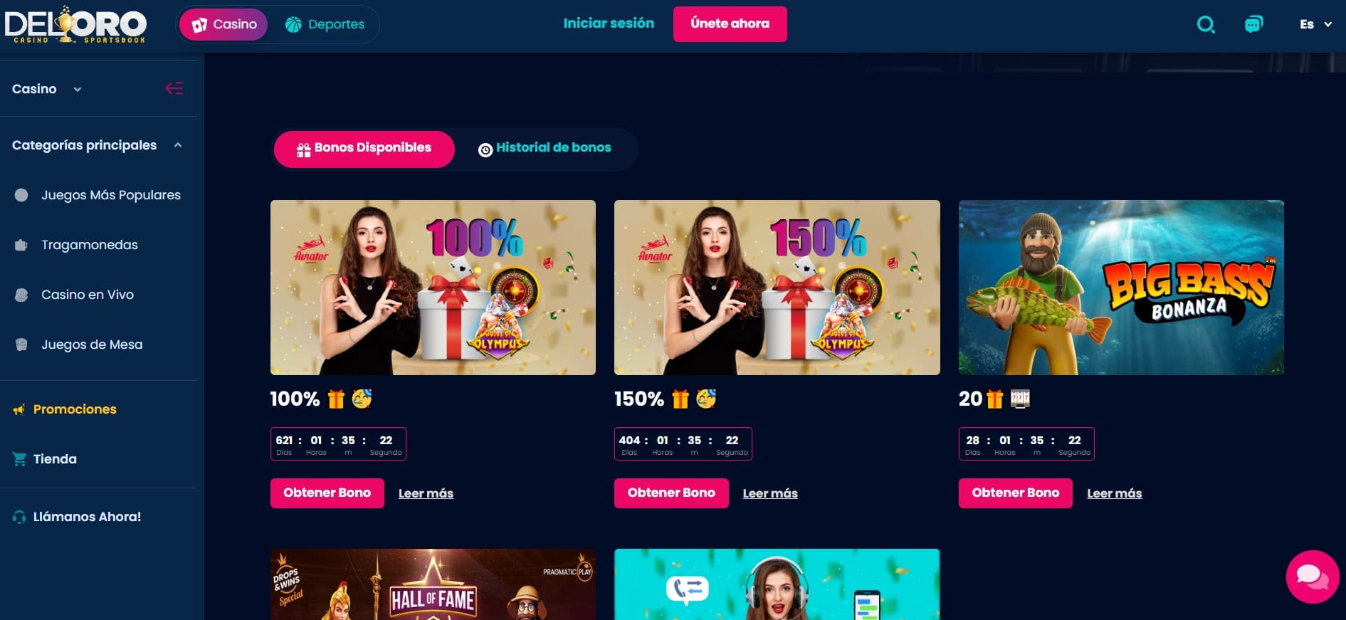 Bonos y promociones de Del Oro Casino