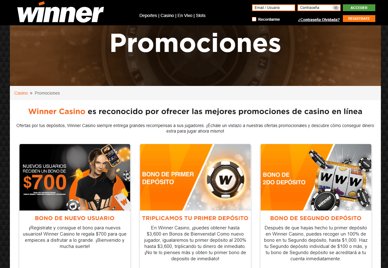 Bonos y Promociones del casino Winner México